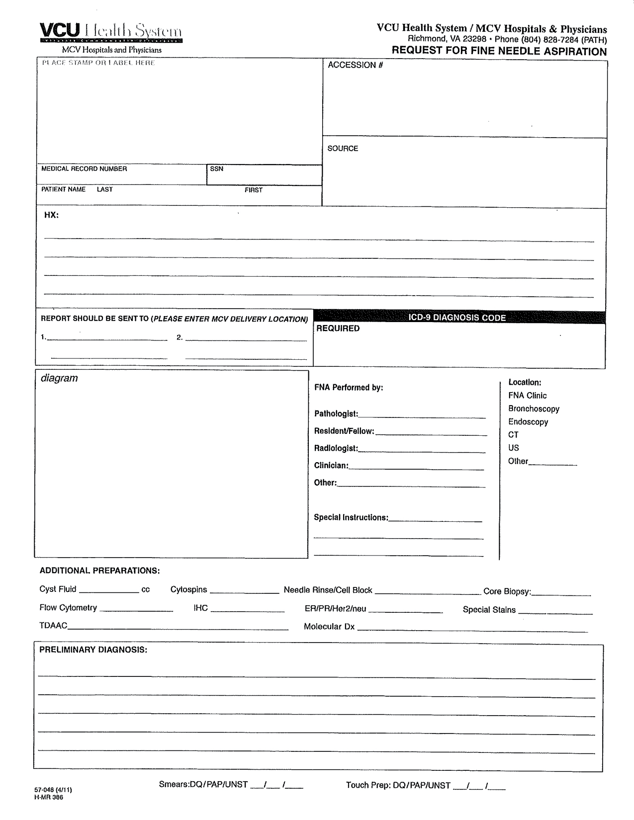 Blank FNA procedure form
