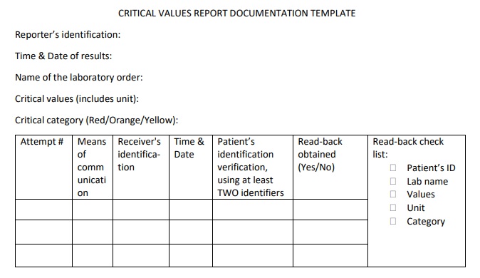 Critical values report documentation template